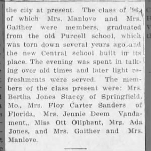 Reunion of Purcell School graduates of 1896….Jennie Deem Vandament