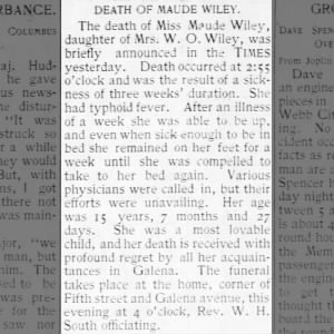 Maude Wiley death, age, funeral Sept 1896