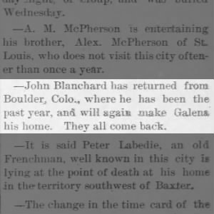John Blanchard back from Boulder CO Oct 1895