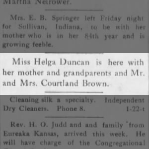 Miss Helga Duncan is in Garden City with her mother and grandparents