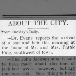 Frank and Grace Ping birth of a son February 1898