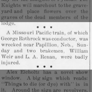 MO Pacific train on which George Rothrock was conductor involved in a wreck near Papillon, NE