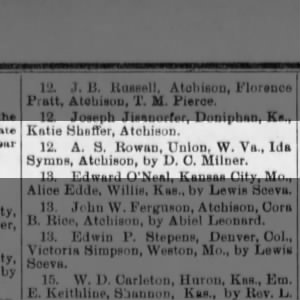 a. s. rowan of union wva and ida symns of atchison to wed 12 jan 1888 by d. c. milner