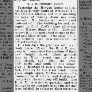 Construction of B and M Depot set to begin. Daily Patriot 6-11-1886.