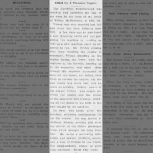 Killed by a Thresher Engine-July 1912-Texas-article in Anthony, KS paper-Volney McManaman