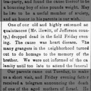 1874 Death - Mr Hewitt of Jefferson County