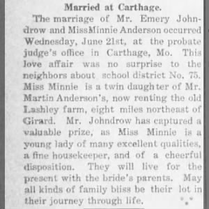 29 Jun 1911 Marriage announcement; Emery Thomas Johndrow & Minnie Anderson