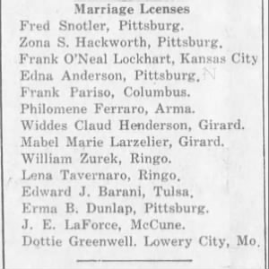 Marriage License 15 Aug 1923 to Mabel Marie Larzelier of Girard