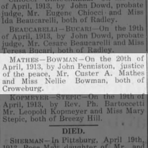 Mathes-Bowman Wedding 20 Apr 1913