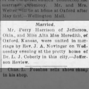 1902Feb14 Perry Harrison of Jefferson, OK and Alta Mae Meredith Marry