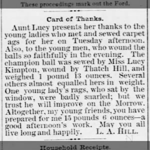 Aunt Lucy thanks the young ladies and men for sewing and winding balls of carpet rags