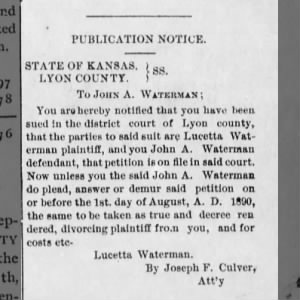 Divorce John A Waterman and Lucetta Duell Waterman 1890.  Nesho Rapids, Kansas