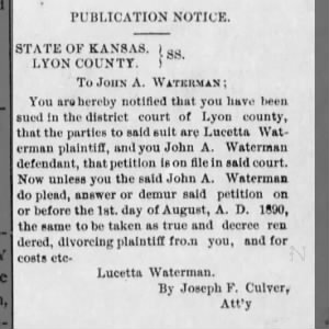 Lucetta Waterman divorce petition July 17, 1890