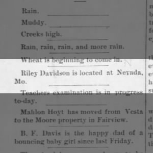 Riley Davidson is located at Nevada, Mo. July 31, 1891