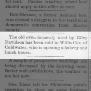 Riley Davidson's oven sold to Willis Cox. Ashland, KS. Aug 19, 1892
