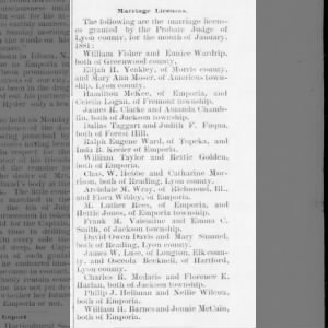 The Emporia Ledger
Emporia, Kansas · Thursday, February 03, 1881Marriage of Fisher to Eunice Wardrip