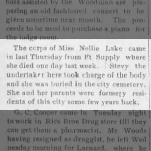 Article on the death of Nellie Lake