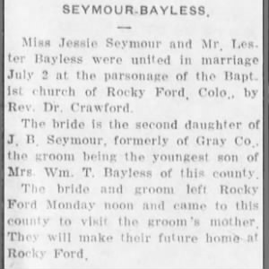 Marriage of Lester McKee Bayless and Jessie Seymour