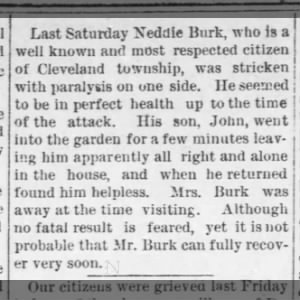 1889 illness,  Edw "Neddie" Burk of Cleveland, KS.