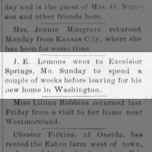 Lemons, JE - Spends couple wks in Excelsior Springs before move to WA