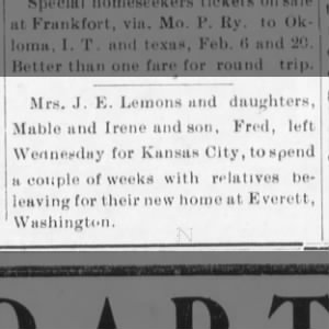 Lemons, Mrs J.E. Visits Relatives in Kansas City Before Moving to WA