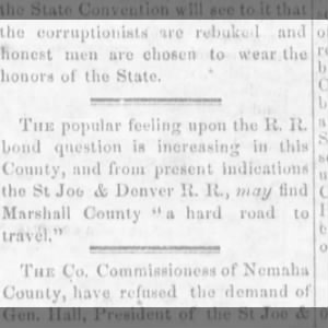 1870 08Aug CROWTHER & SMITH St Joe & Denver Railroad 2 find Marshall County a “hard road to travel”