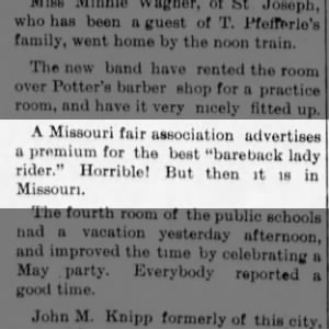 Missouri Fair Assn advertised for best "barback lady rider" Horrible! MCD 8 May 1890