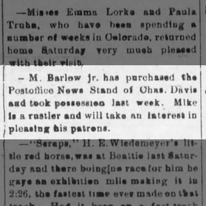 Mike Barlow Jr bought post office newsstand from Charlie David 27 Aug 1900