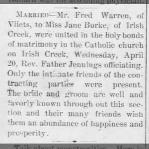 1898 Fred Warren marries Jane Burke 