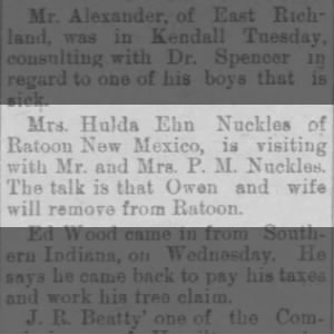Huldah Nuckles visit to P.M. Nuckles
1894