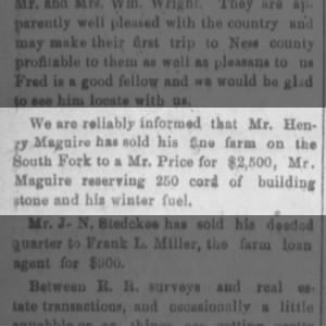MELLIES: Henry Maguire sold South Fork Farm to Mr. Price for $2,500, Sep 1886