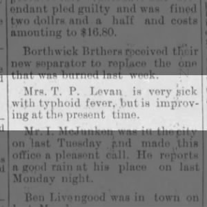Mrs. T. P. Levan improving from typhoid fever
