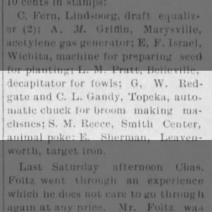 George Redgate and Charles Gandy, granted patent.
Summerfield Sun, Apr, 27, 1900. pg. 8, col. 5.