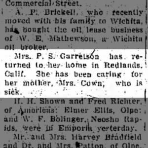 Mrs P S Garretson Returns to California - May 1920, Emporia, Kansas