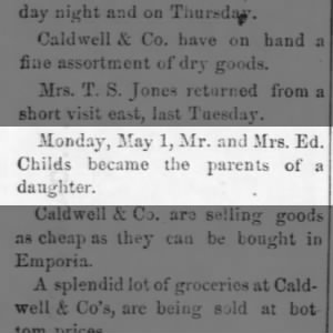 Edwin C and Fannie J (King) Childs Birth of Daughter 1 May 1876