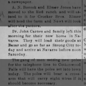 CARNES Dr John family move to Navarre. the Matfield Mirror, Fri 13 Mar 1908, p 3.