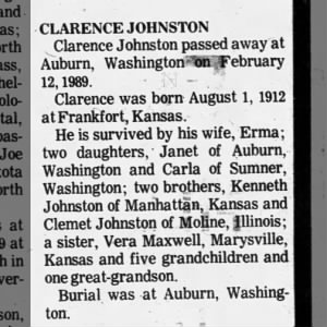 Obituary for CLARENCE JOHNSTON