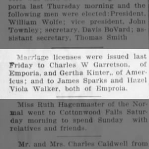 Marriage License - Charles W Garretson and Gertha Kinter - March 1916; Emporia, KS