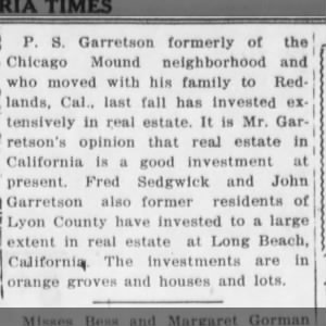 P S Garretson of Redlands, California Invests in Real Estate - Sept 1920