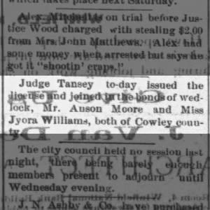 Anson Moore and Jyora Williams wed 20mar 1888