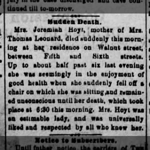 Mrs. Jeremiah Hoyt, mother of Mrs. Thomas Leonard, died suddenly.
