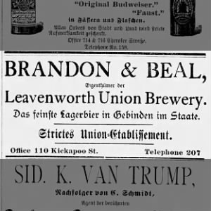 18971124 Leavenworth Tribune Leavenworth, Kansas Brandon & Beal Leavenworth Union Brewery  AD