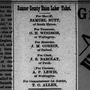 Ad for A P Lewis as county coroner Sumner County, KS 1887