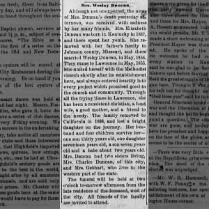 Elizabeth Duncan obit 27 Sept 1879 Lawrence Daily Reporter KS p 4 col 2