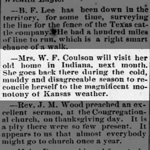 Mrs W. F. Coulson visits Indiana, 1882