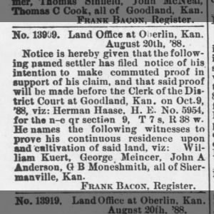 Shermanville Kansas Aug 1888  J A Anderson acted as witness to prove up land. 