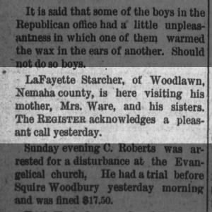 Lafayette Starcher visits Mrs Ware and his sisters