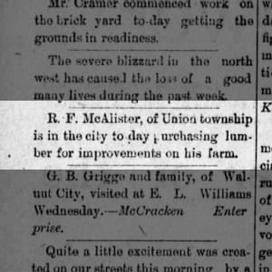 R F McAlister improvements to farm January 17, 1888 The Walnut City Daily News