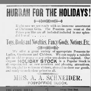 Newspaper ad for bookstore of Mrs. A.A. Schneider (Pittsburg, KS) - 10 Dec 1895