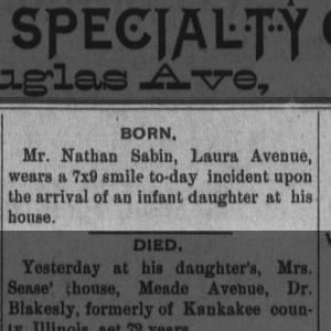 daughter born to Nathan Sabin Laura Avenue 1886-06-05